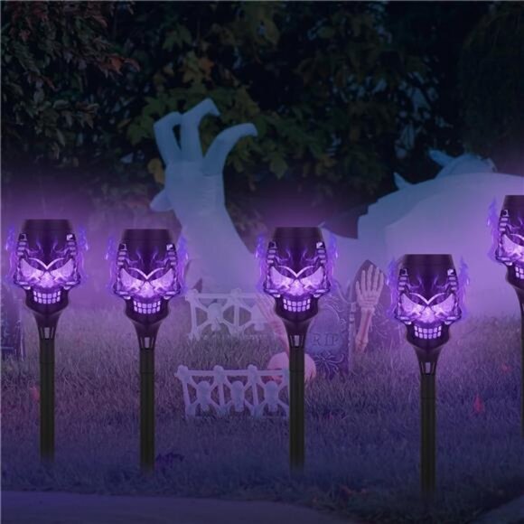 Solar Halloween Decorations Outdoor, 8 Pack Spooky Skulls Solar Torch Flame - Picture 4 of 7